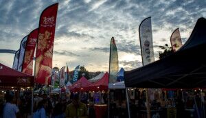 Halu! A bustling outdoor market with colorful tents and flags under a cloudy sky. People enjoy the vibrant atmosphere and diverse stalls at this lively event.